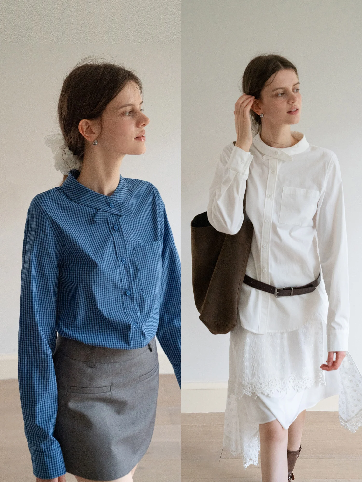 

Женская рубашка Eggka с длинным рукавом, в клетку, с воротником-стойкой, с запахом, для офиса, приталенная, из хлопка, во французском стиле, модная, осенняя новинка