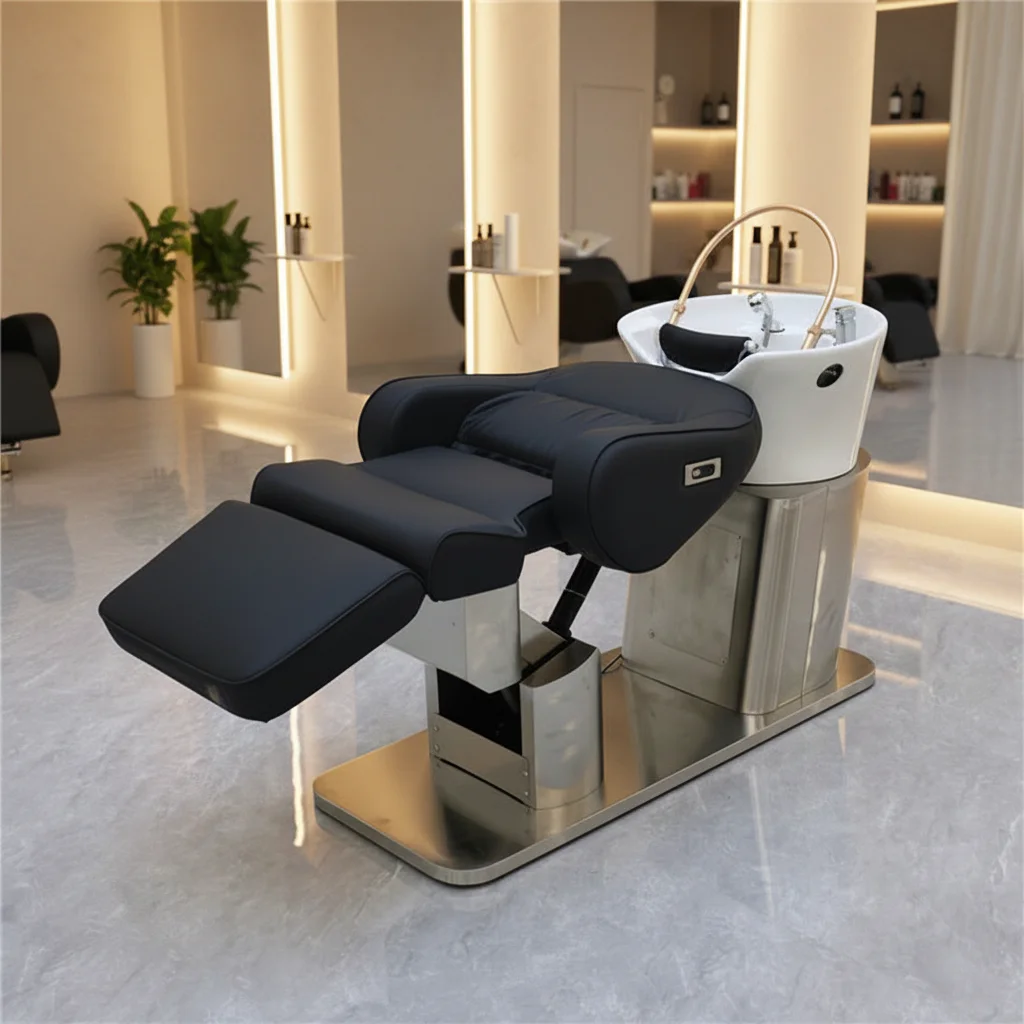Luxury Modern Beauty Salon Stainless Steel PU Leather Adjustable Height Electric Shampoo Chair Full Body Durable Bathroom Utensi