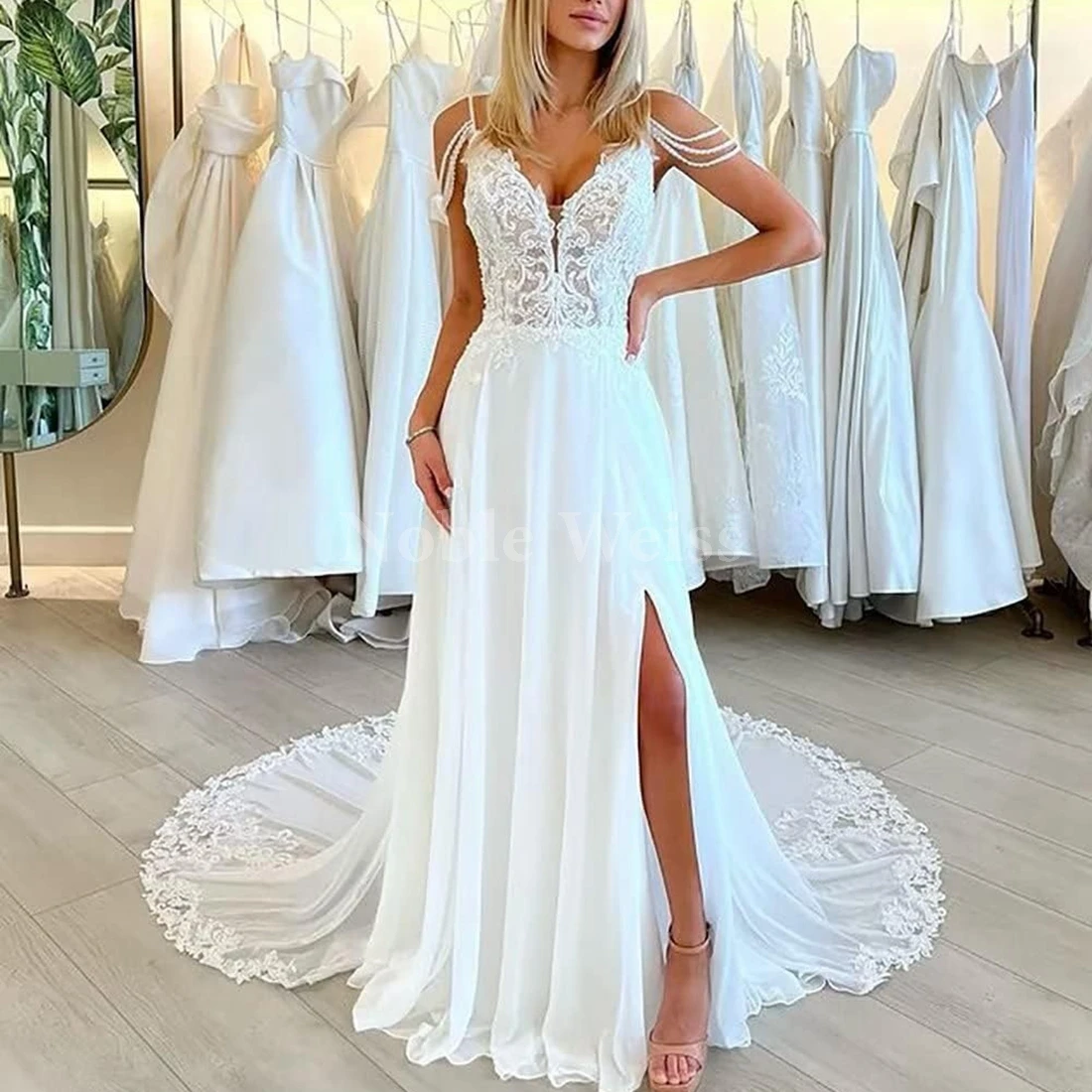 

Beach V-Neck Wedding Dresses for Bride Chiffon Appliques Boho Bridal Gowns for Women Customized