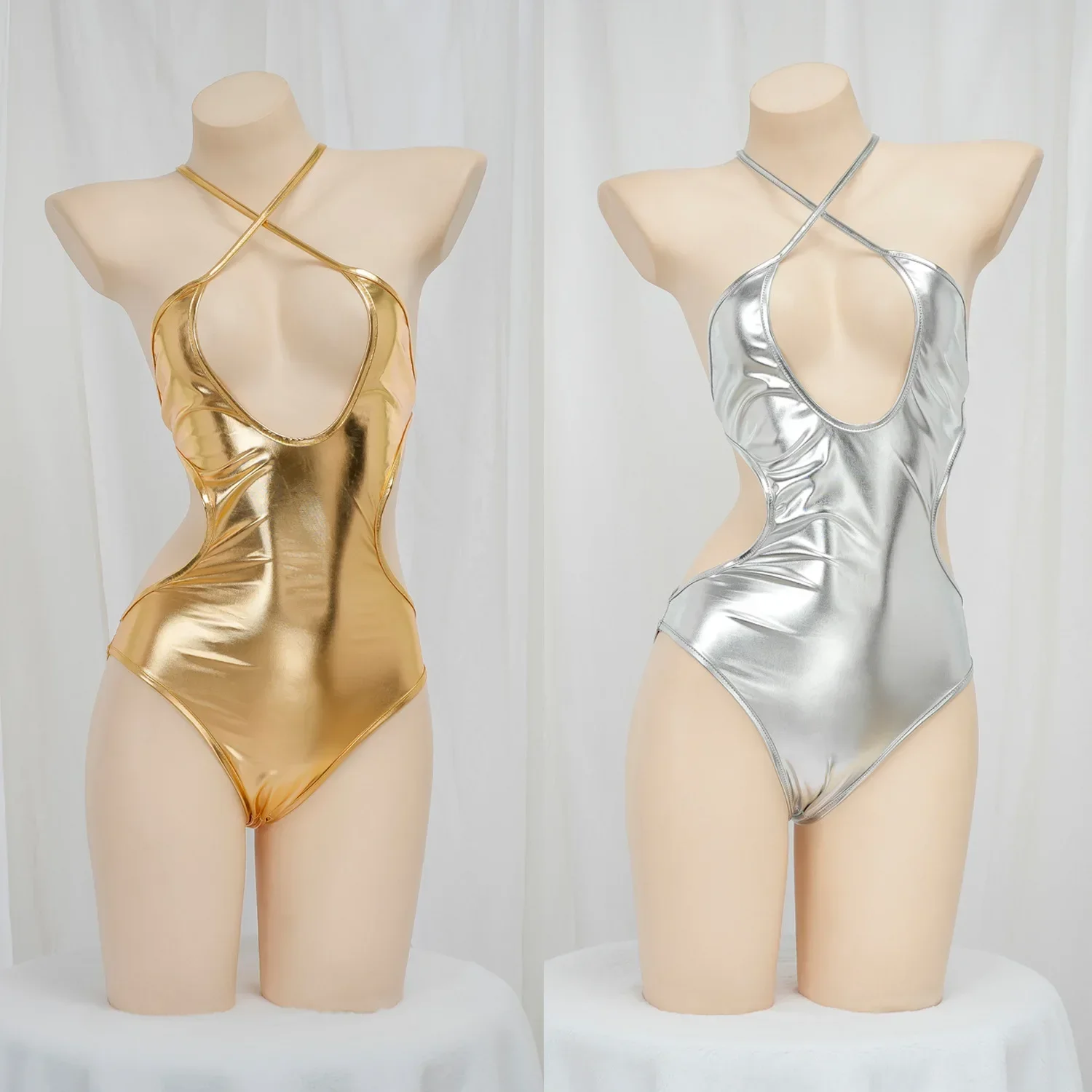 Anime Backless Bodysuit Women Cosplay Costume Japanese Swimsuit Cute Girl Underwear Gold Sliver Hollow Swimwear Role Play Outfit