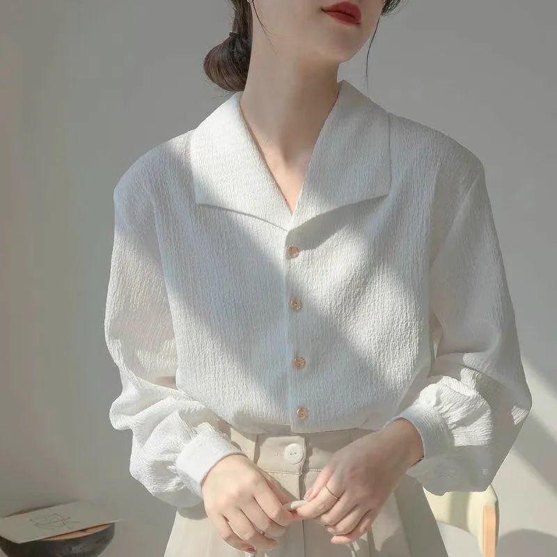 White Shirts Women French Style Solid Gentle All-match Spring Summer Tops Loose Elegant Design Chic Female Turn-down Collar Lady