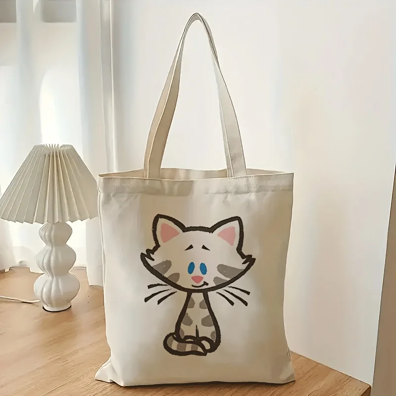 1 Piece Single-Sided Large-Capacity Foldable Tote Bag with Cute Cat Pattern--Made of Durable Polyester Fiber, Suitable for Travel, Picnics, Parties, Machine Washable, Beige High-Quality Gift Item, Simple Shoulder Strap Design, Casual Travel Accessory | Fun Design | Sturdy Handle