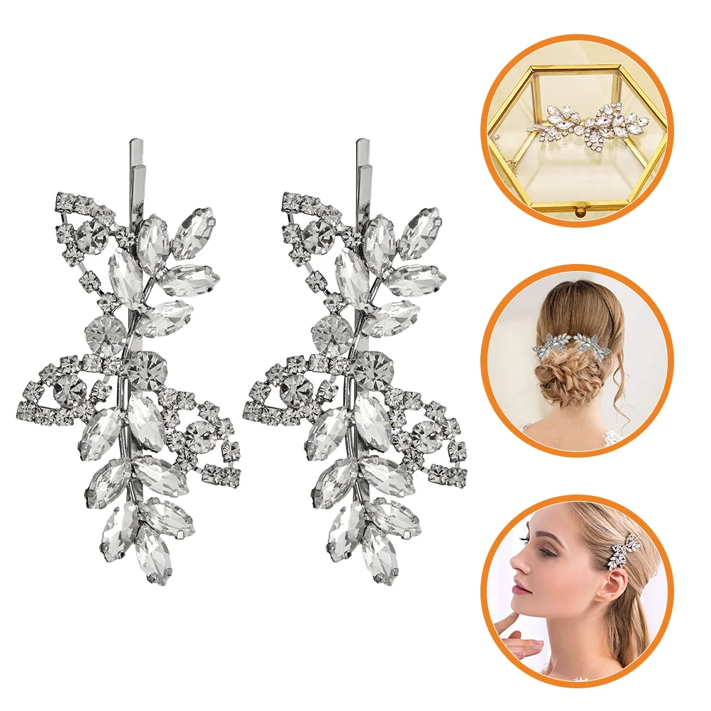 2 Pcs Rhinestone Hair Clip Wedding Accessories Clips for Teen Girls Metal Women Zinc Alloy Barrettes Bride