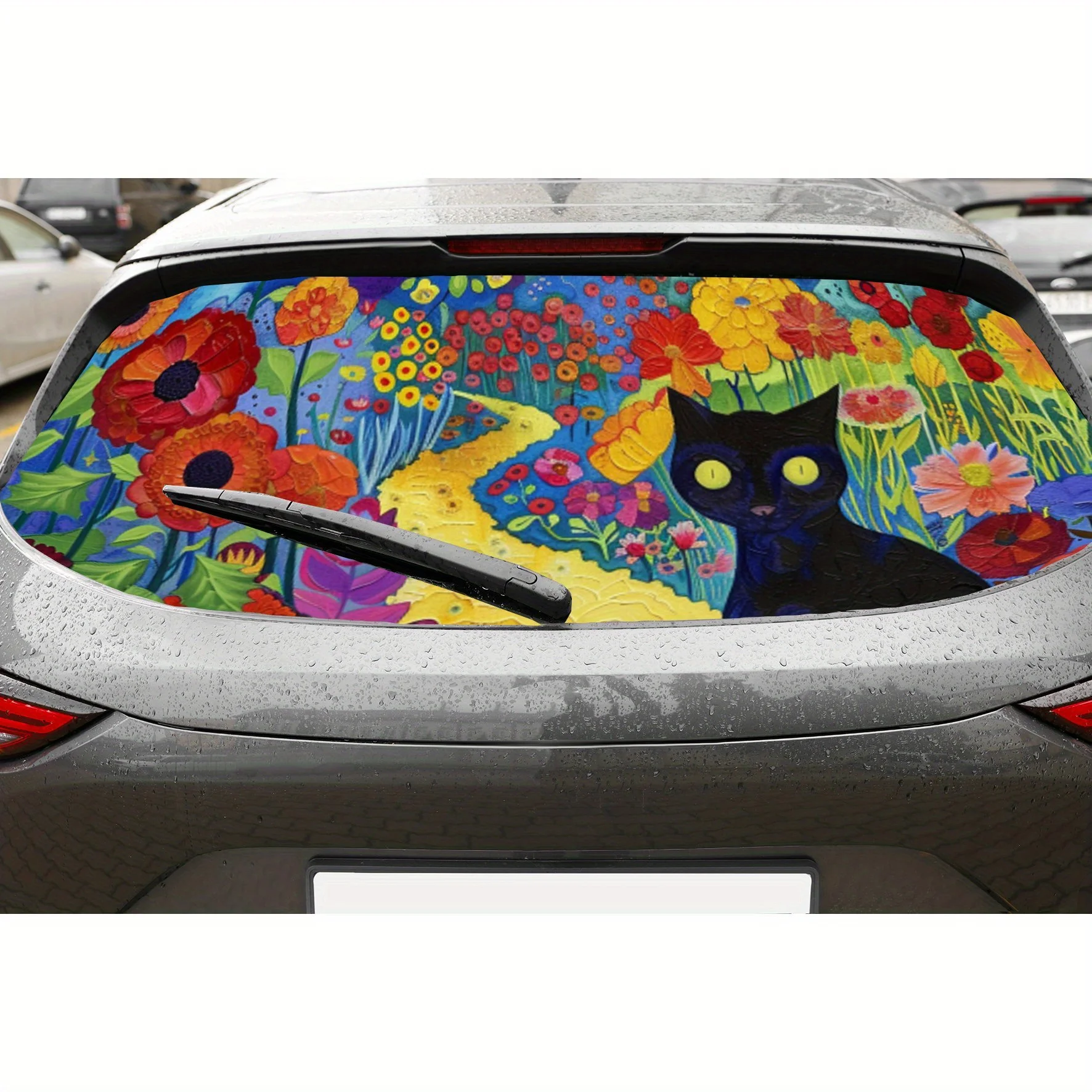 

Cute little black cat with colorful flower bushes car rear window vinyl wraps sticker, auto art sticker, self-adhesive waterproo