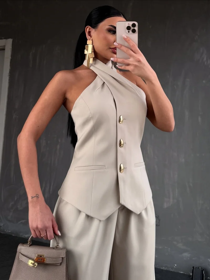 

Elegant 2 Piece Sets Women Outfits Summer Clothes Women Sleeveless Halter Top Straight Pants Sets OL Style Two Pieces Woman Sets