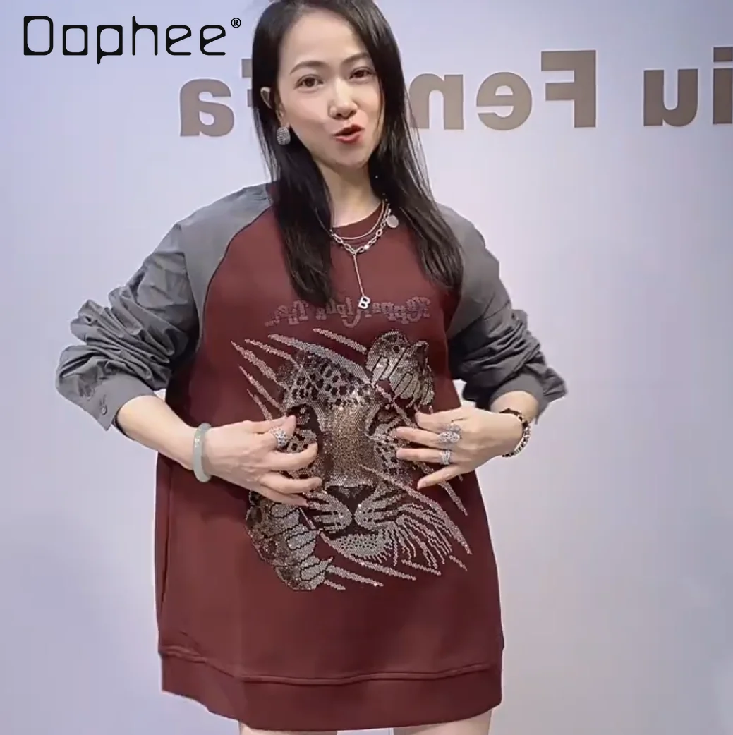 

Long Sleeve Sweatshirt for Women Autumn New American Retro Raglan Round Neck Pullover Heavy Rhinestone Loose Top Trendy Coat