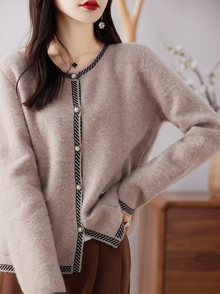 100% Merino Wool Cardigan Women\'s 2023 Autumn/Winter New Round Neck Korean Knitted Coat Sweater Loose Large Size Cashmere Jacket