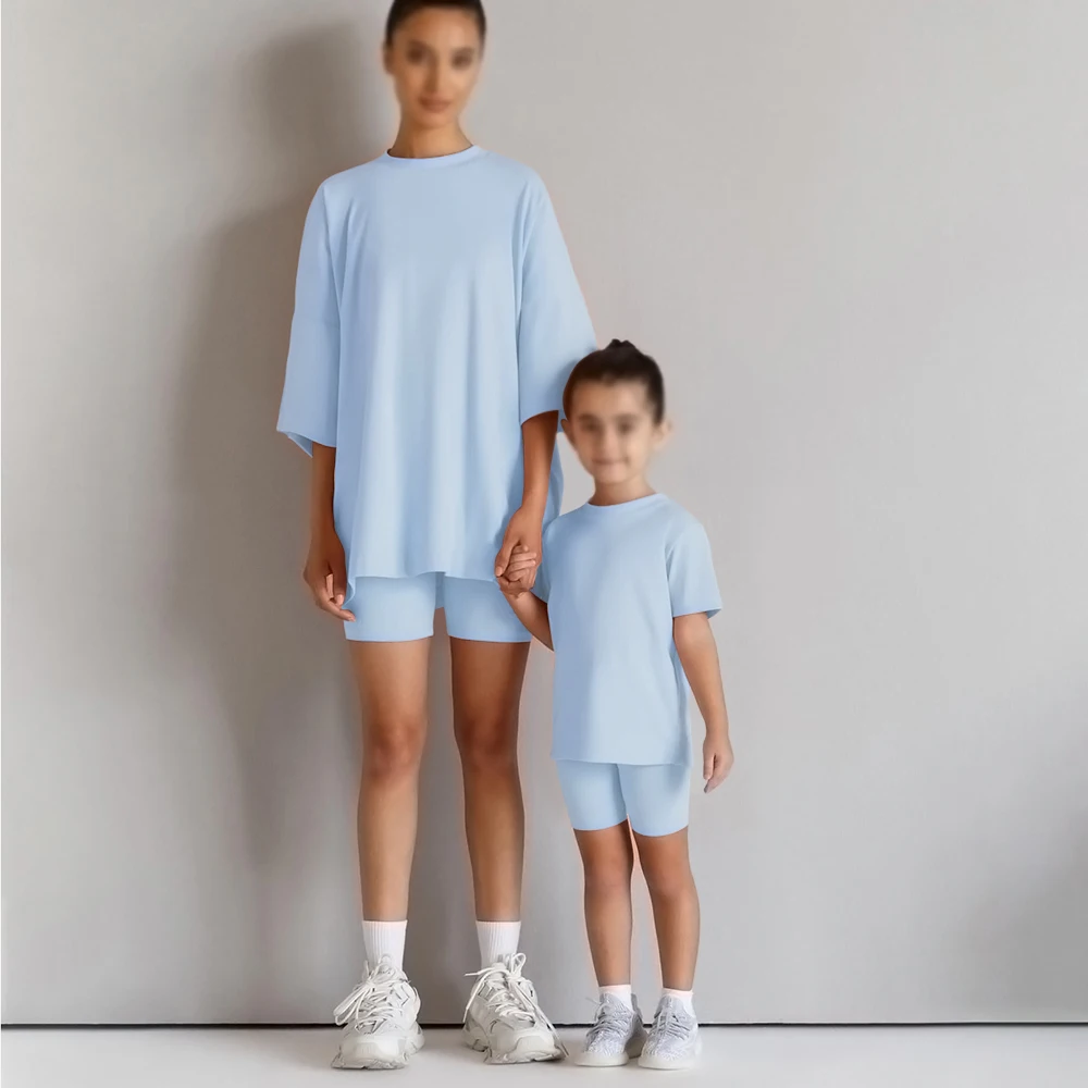 2026 familie Passenden Mutter Tochter Sommer Sets Solide Baumwolle Lounge Anzug Für Outfits Kleidung Jungen Mädchen Sport Leggings – Detail 10
