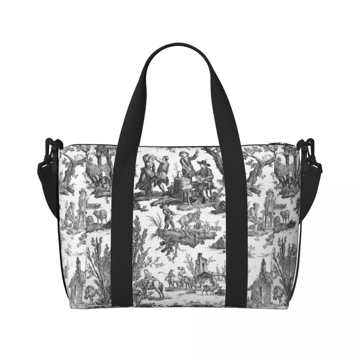 Custom Black And White Toile De Jouy Beach Tote Bag Women Extra Large Gym Carry On French Motifs Floral Travel Shopping Bags