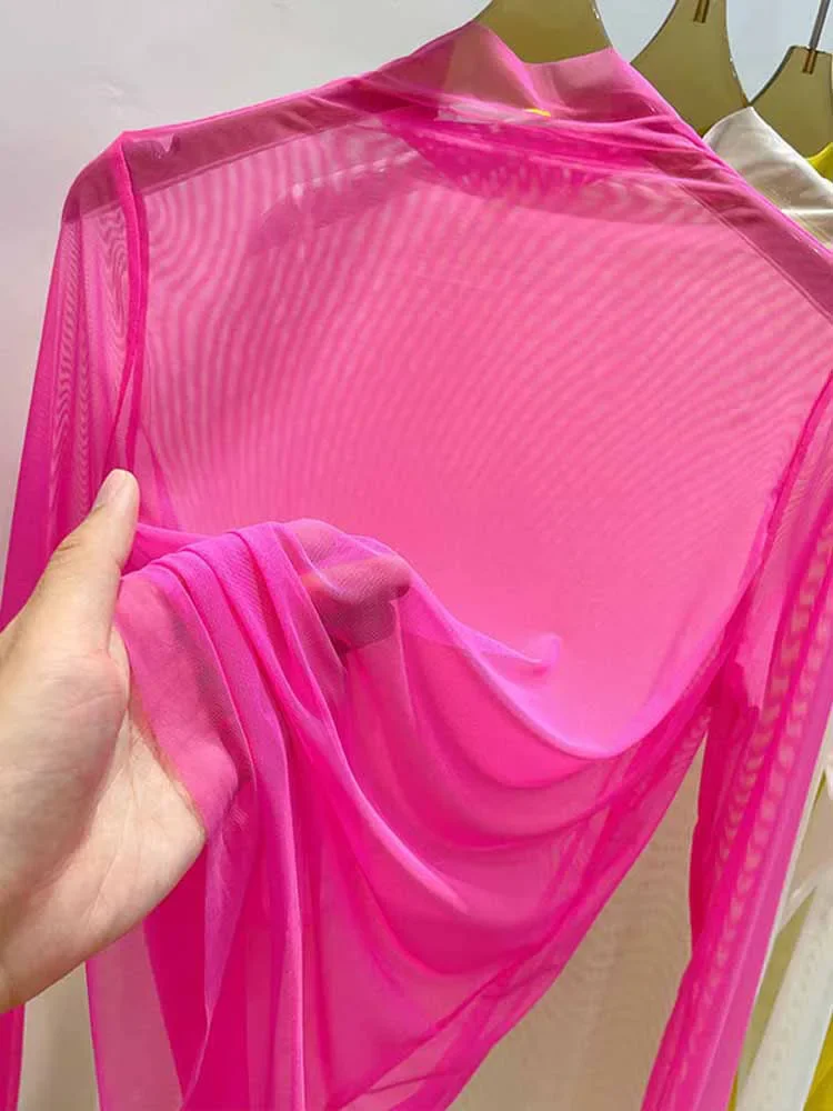 

Transparent Gauze Bottoming T-shirt Women Clothing Summer Long Sleeved T-shirt with Gauze Shirt Half High Collar Sunscreen