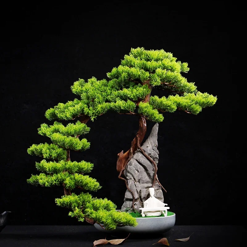 Simulation Welcome Pine Cliff Bai Living Room Bonsai Kukshan Waterscape Tree Bouldering Green Plant Potted Flower Decoration