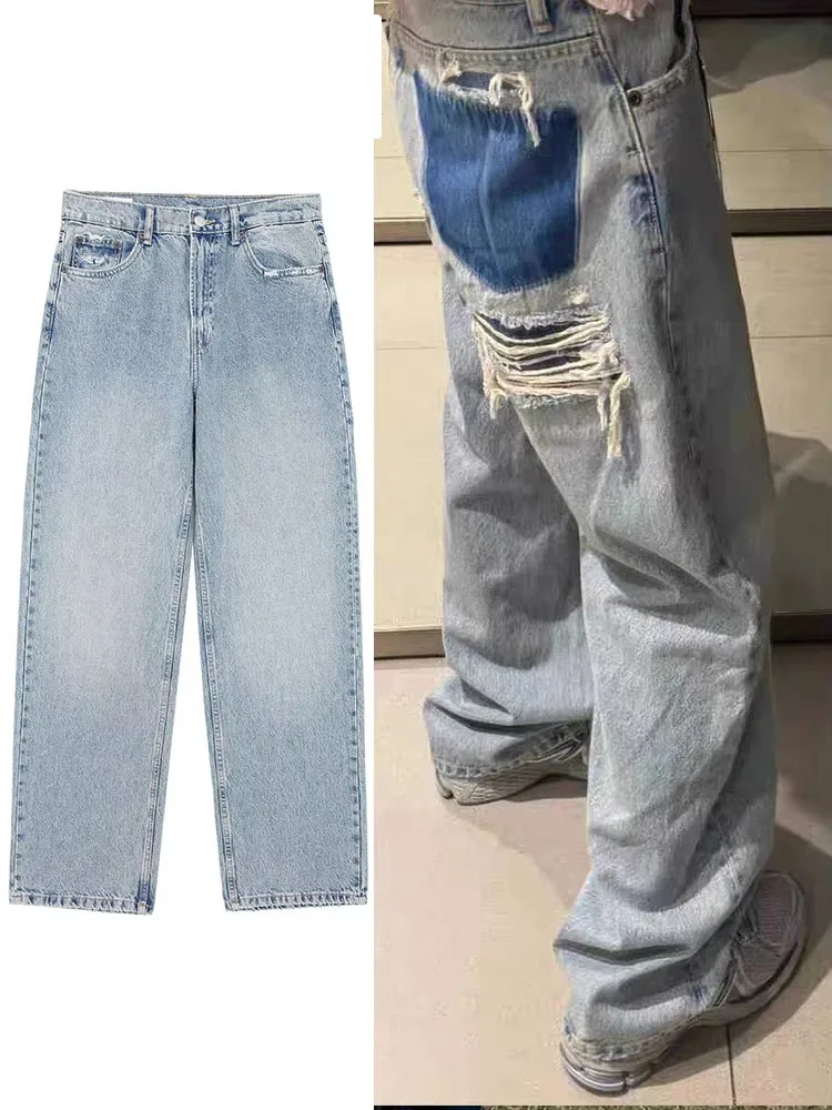 2024 moda donna casual pantaloni larghi a vita alta in denim blu jeans a gamba larga femminili pantaloni lunghi jeans strappati High Street