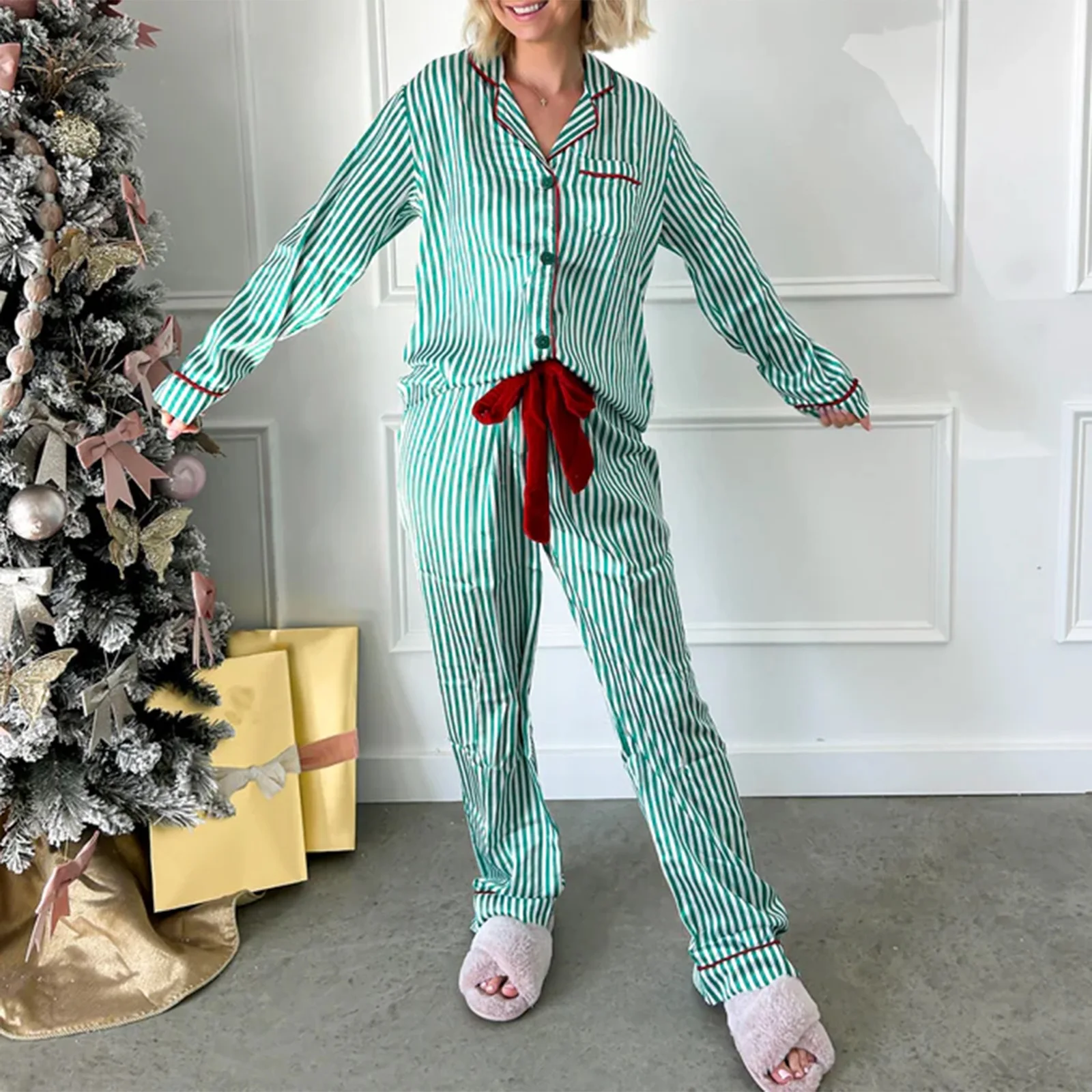 

Women's Fall 2 Piece Lounge Set Long Sleeve Lapel Stripe/Bow Leaf Print Shirt Drawstring Pants Loose Sleepwear Sets