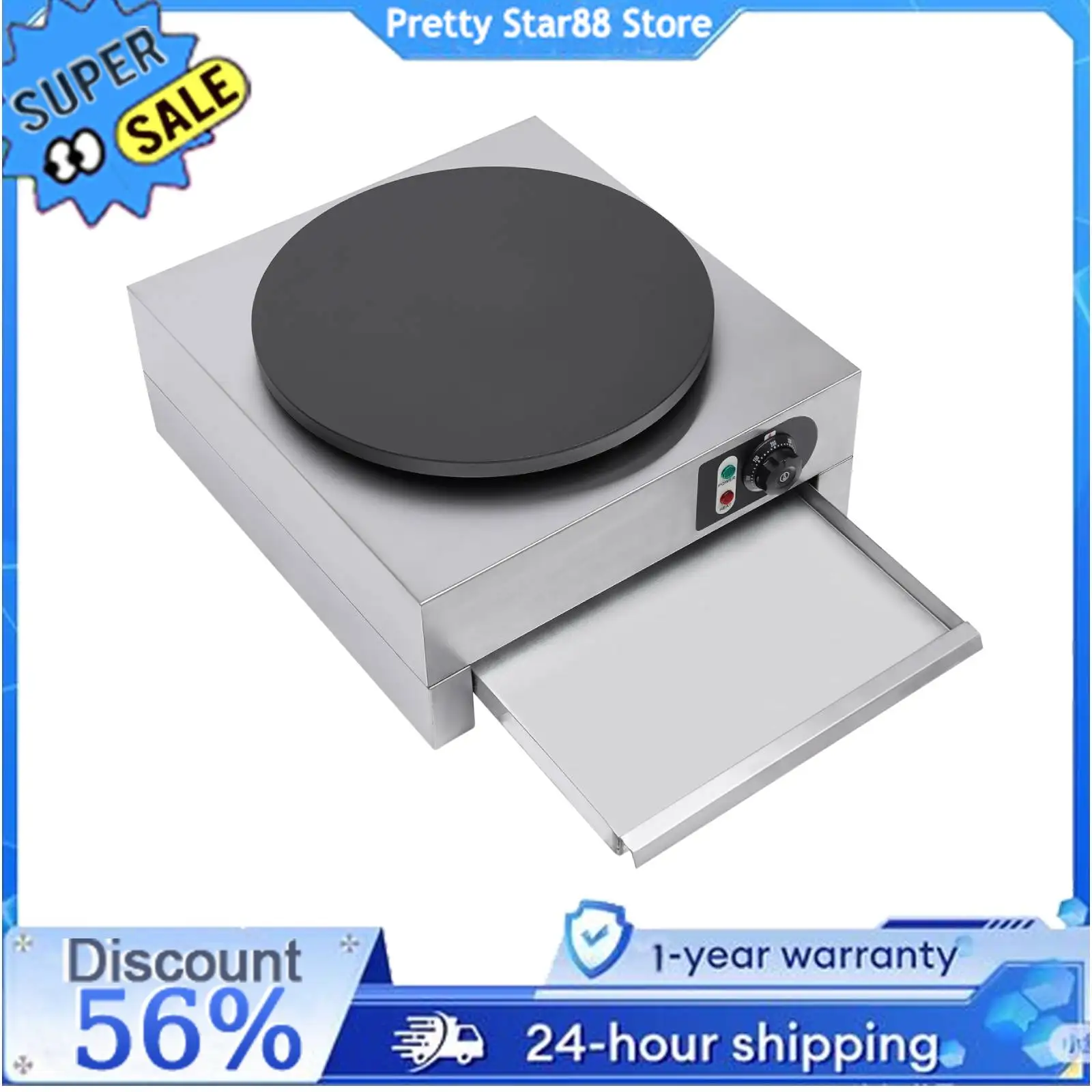 3KW Nonstick Pancake Griddle Pan Electric Crepe Maker with Batter Spreader for Home Kitchen