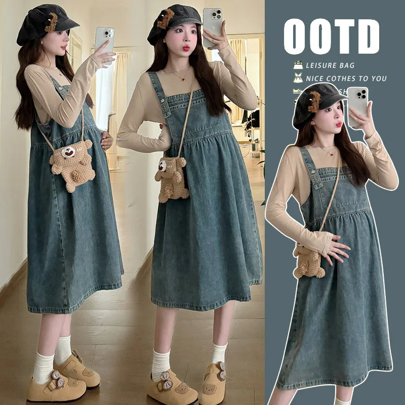 

2025 Autumn Maternity Set: Denim Pinafore Dress + Knit Top - Stylish Two-Piece Pregnancy Outfit for Petite Fashionistas