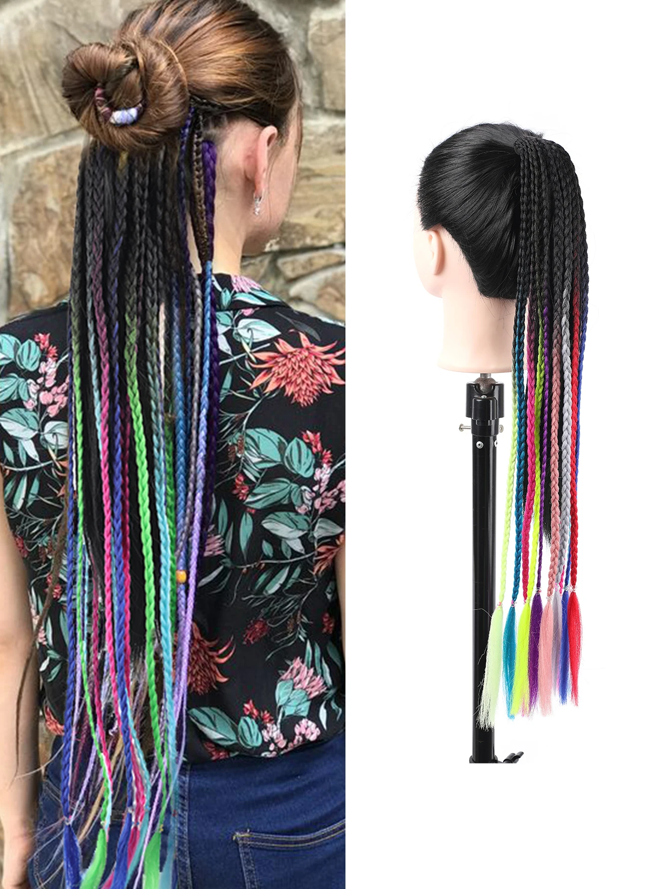 وصلات شعر صناعية مضفرة بألوان قوس قزح مع أربطة مطاطية على شكل ذيل حصان مستقيم لحفلة مهرجان الموسيقى والعام الجديد