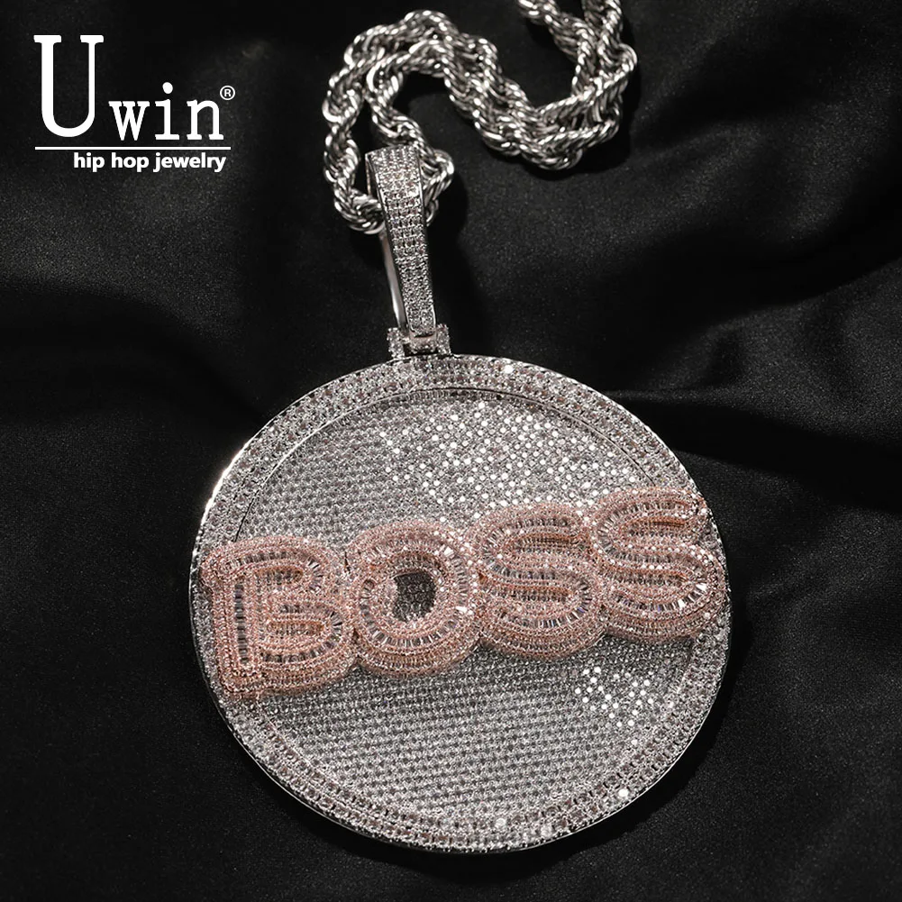 Uwin Big Round Two Layers Cursive Letter With Tennis Chain Cubic Zirconia Fashion Hiphop Jewelry