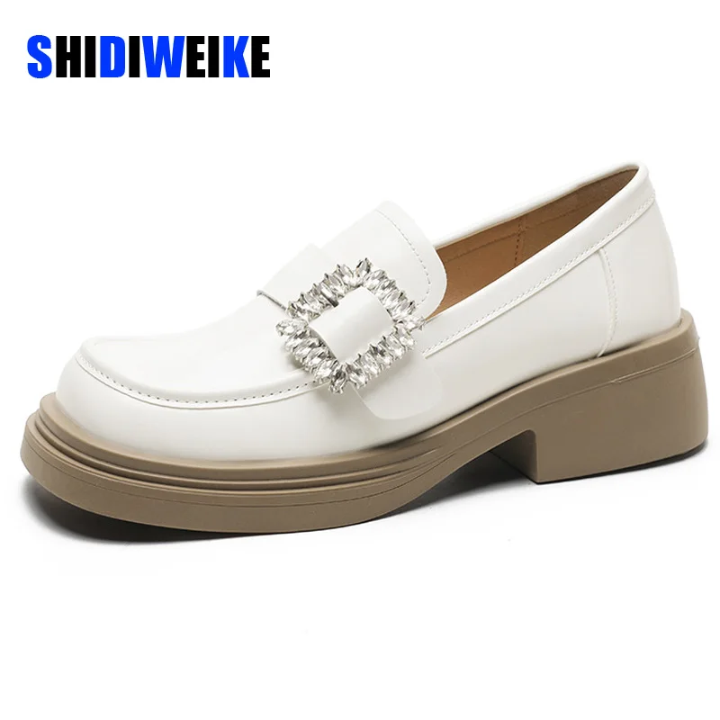 

Women Retro Rhinestone buckle Loafers Spring Square Head Women Single Shoes Classic Thick Heels Soft Leather Female Pumps Zapato