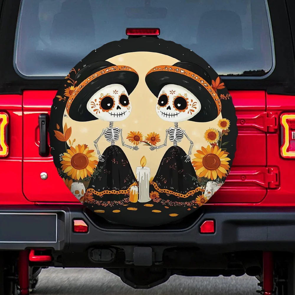 1pc Mexican Day Of The Dead (Día De Los Muertos) Car Tire Cover - Colorful Calavera Sugar Skull & Marigold Flower Design With Ca