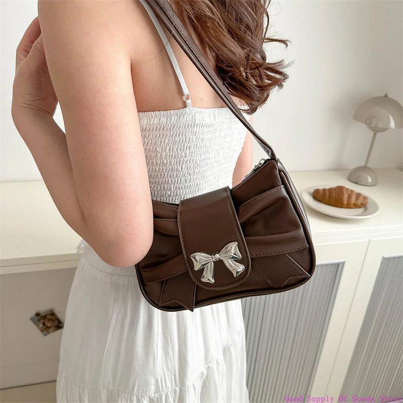 حقيبة صغيرة تحت الإبط بفيونكة حلوة للنساء حقائب كتف محمولة للسيدات من جلد البولي يوريثان بلون سادة حقائب يد نسائية