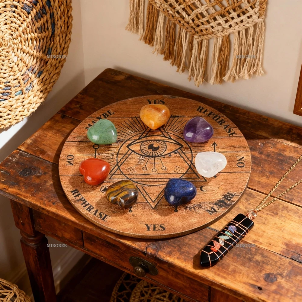 9pcs Wooden Divination Disc with 7 Chakra Crystals and Pendulum, Suitable for Spiritual Decision-making Tools in Witchcraft
