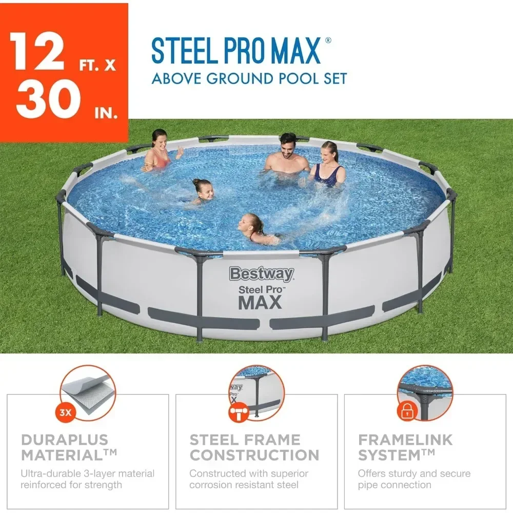 Outdoor Swimming Pool, 12 Foot X 30 Inch Round Metal Frame Above Ground Outdoor Backyard Set with 330 GPH Filter Pump