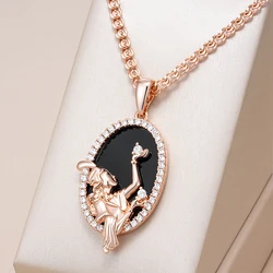 Kinel Hot Big Oval Black Stone Pendant Necklace Women Fashion 585 Rose Gold Color Accessories High Quality Daily Fine Jewelry