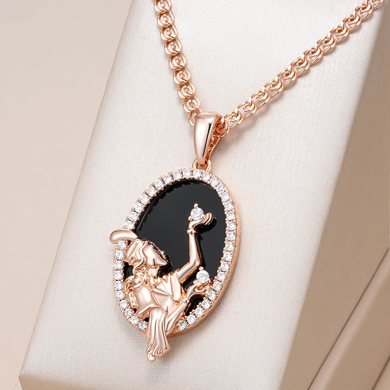 Kinel Hot Big Oval Black Stone Pendant Necklace Women Fashion 585 Rose Gold Color Accessories High Quality Daily Fine Jewelry