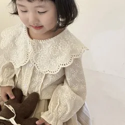 Spring Autumn baby girls lace Hollow out shirts 2-7 Years Girl cotton embroidery Lapel long sleeve blouses Tops