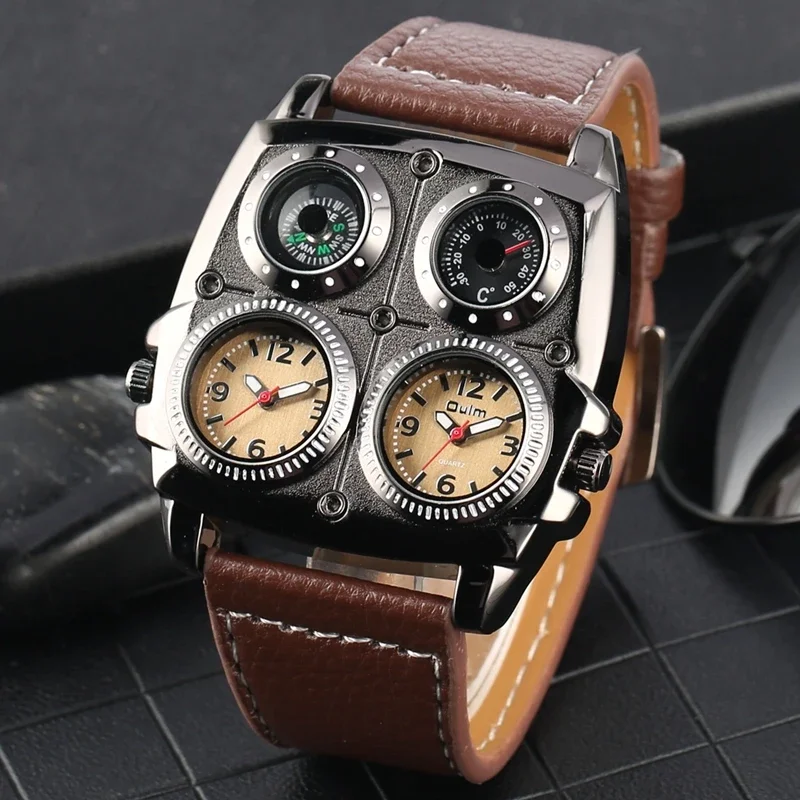 Cool OULM Watch Men Military Sport Quartz Watches Dual Time Zone Brown Leather Strap