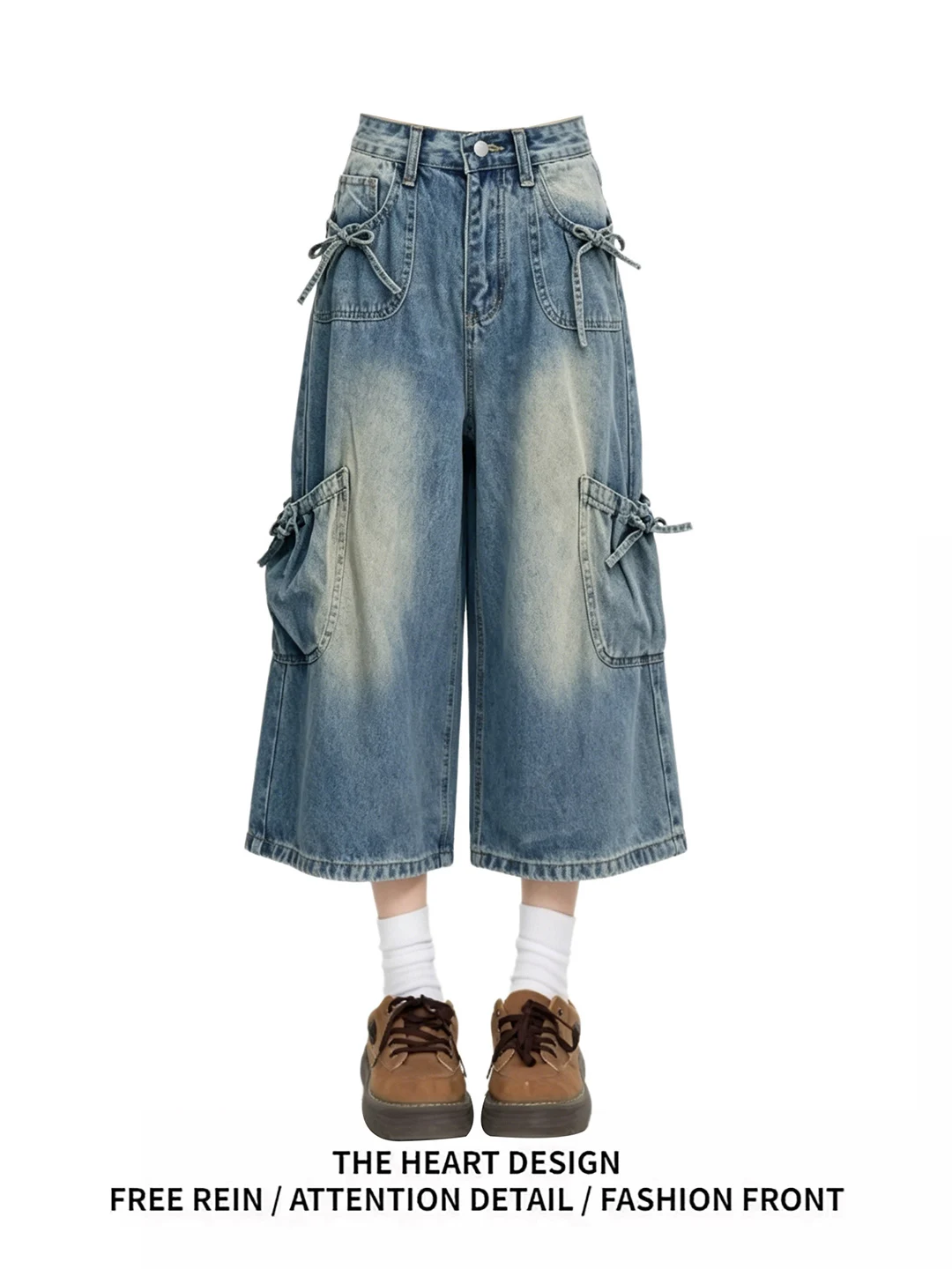 

American Retro Knot Seven-Foot High Waist Skinny Wide Leg Jeans Women's Style Summer New Workwear Pants