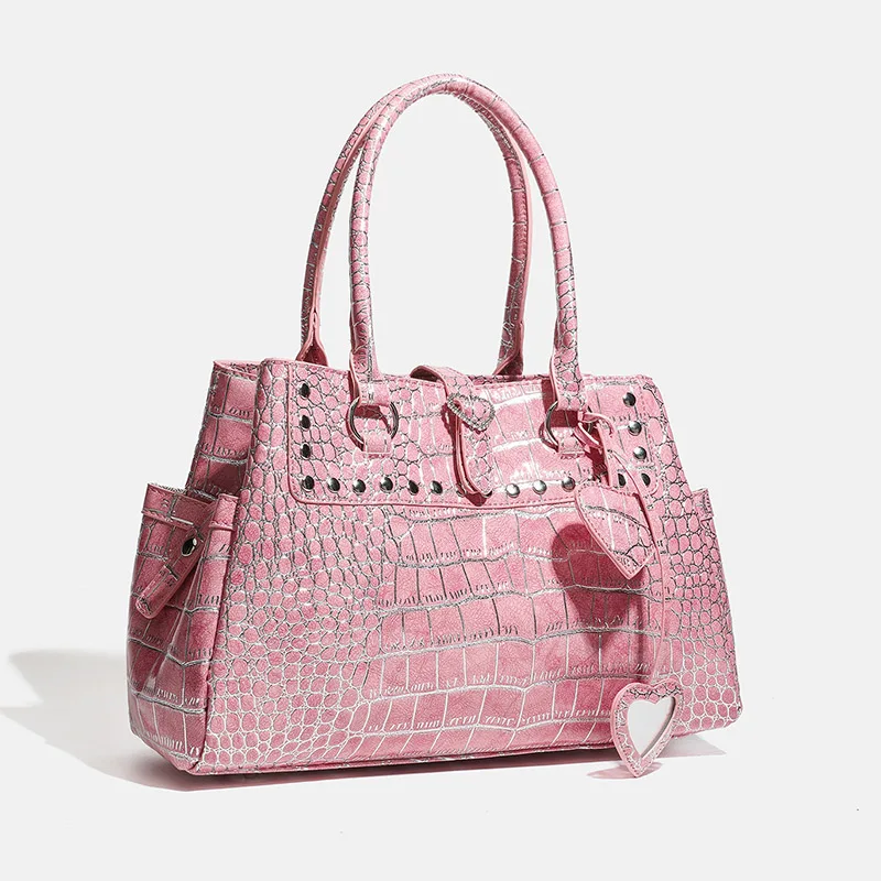 Light Luxury Crocodile-print Handbag for Hot Women Pink Heart Pattern Shoulder Bag Trendy High-grade Large Capacity Commuter Bag