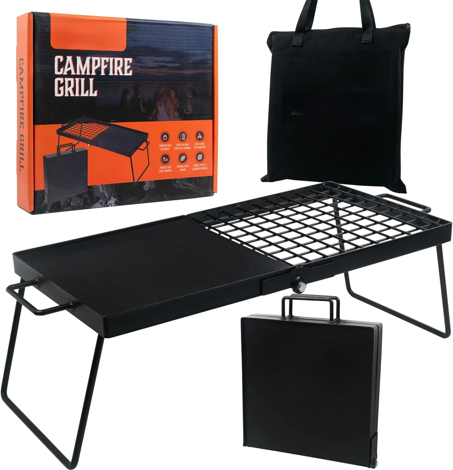 

Heavy Duty 24" Folding Campfire Grill, Camp Fire Grill With Folding Grill Design For Compact Storage. Campfire Grill Grate