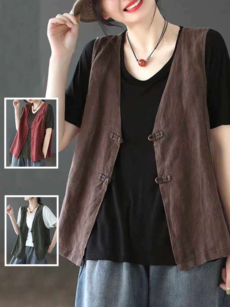 

Retro V-Ne Cotton Linen Vest Women's Casual Outerwear Large Size Buttoned Svel Top for plus Size Women