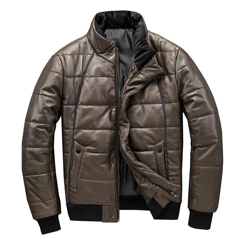 This short light coffee-colored cotton with a stand-up collar for warmth is made of thick pure leather and