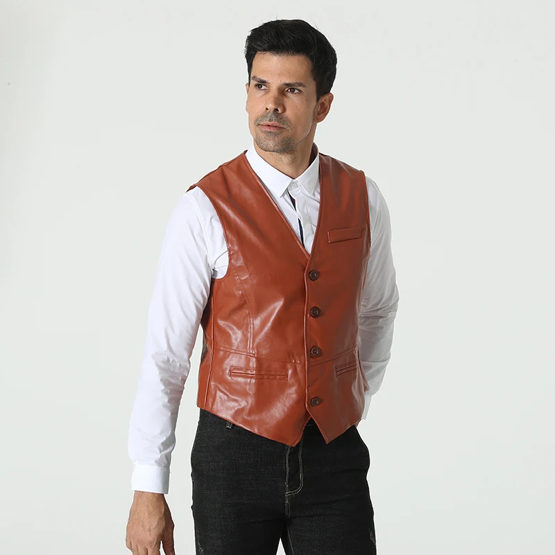 PU Coat New Arrival Men Fashion Vest Single Breasted Design Men's Sleeveless Vests Dress Slim Fit Outwear Hot Vests MQ296 image 2