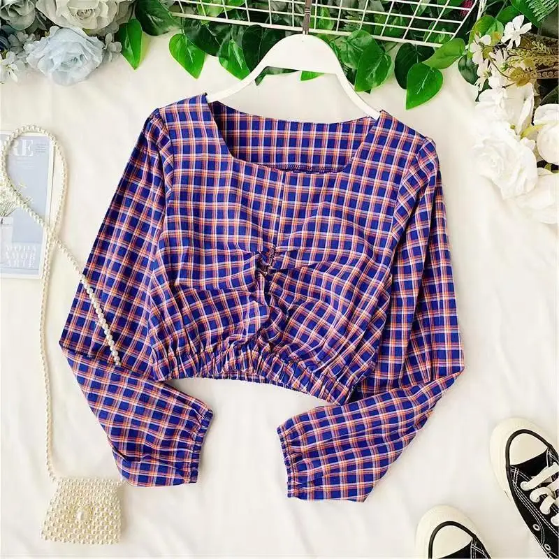

Spring Autumn Plaid Shirt Women's Bubble Sleeve Drawstring Short Long Sleeve Top Versatile Student Pleated Shirt Casual Business
