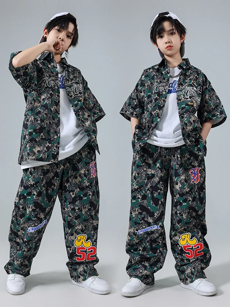 Boys Hip Hop Dance Costume Short Sleeves Loose Camouflage Coat Pants Kids Street Dance Performance Clothes Drum Wear BL13002