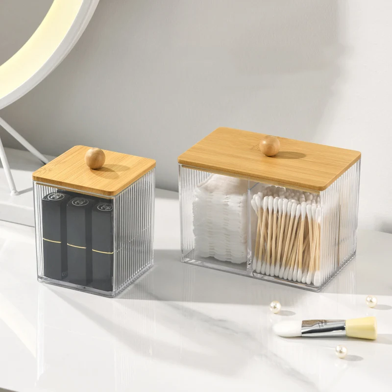 Acrylic Cotton Swab Holder Cotton Swab Dispenser with Bamboo Lids otton Ball Pad Round Swab Holder Clear Apothecary Canister Jar