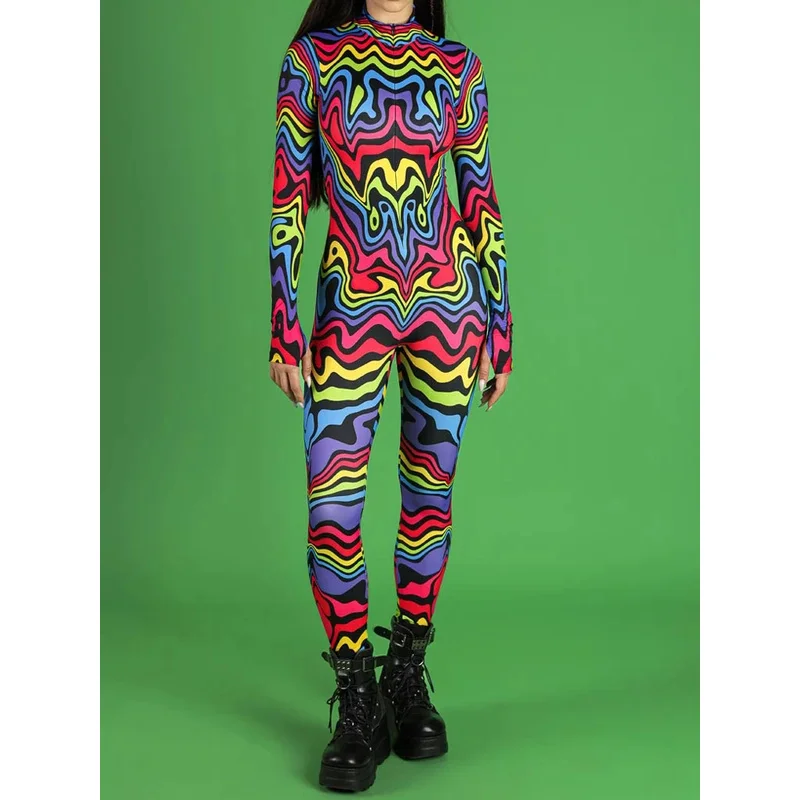 

Halloween Sexy Women Bodysuit Tights Colorful Wave Pattern Slim Fit Role Play Cosplay Rave Party Masquerade Outfits Jumpsuits
