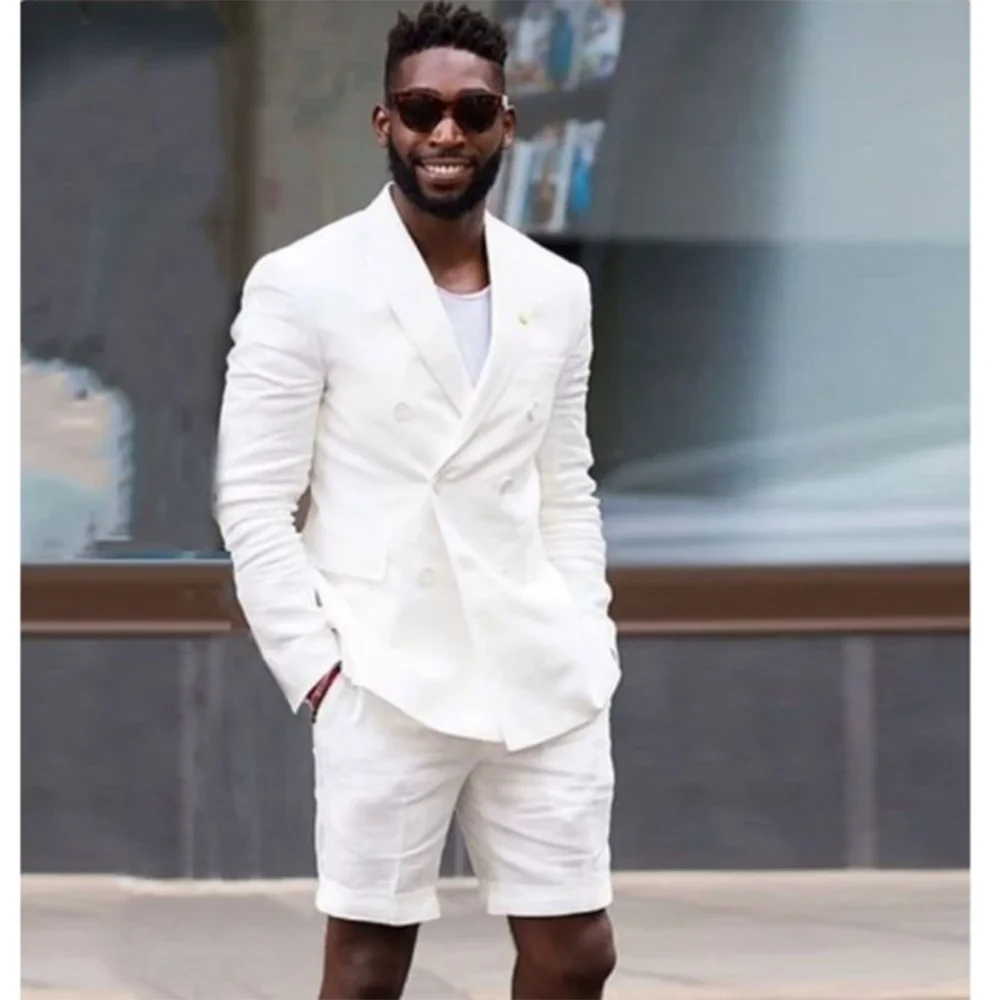 

Summer Cool Pure White Suit For Men 2 Piece Jacket Short Pants Peak Lapel Double Breasted Slim Fit Office Party Terno Masculino