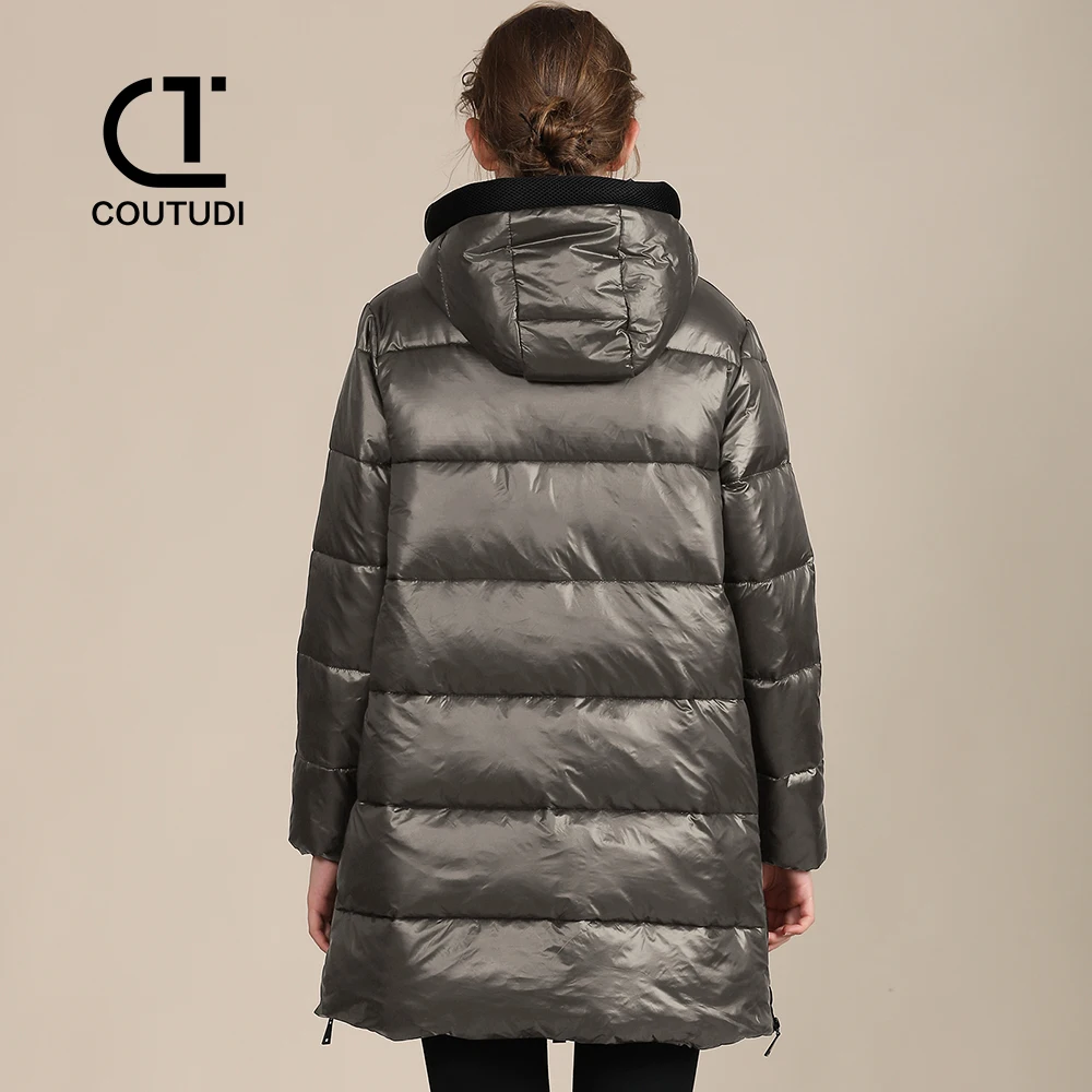 COUTUDI-Long Down Jacket for Women, Zipper Pocket, Hooded, Casual, Long Sleeve Parkas, Thick, Warm Coat, Winter Fashion, New