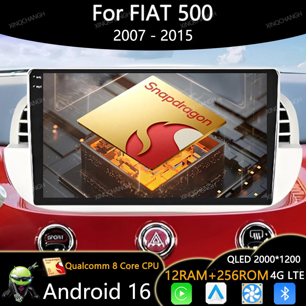 Android 16 Car Radio For FIAT 500 2007 - 2015 Qualcomm Carplay Auto BT GPS Multimedia Stereo Video Player 4G WIFI QLED Head Unit