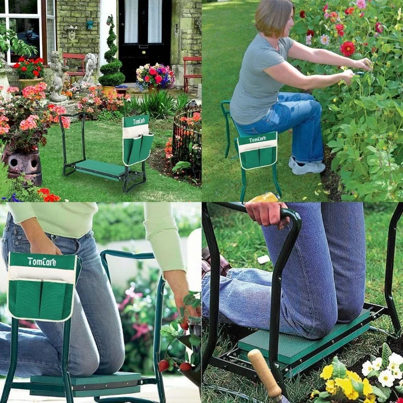 Banc de siège de genouillère de jardin pliable avec sac à outils, coussin en poudre OligFoam, genouillère portable extérieure pour le jardinage