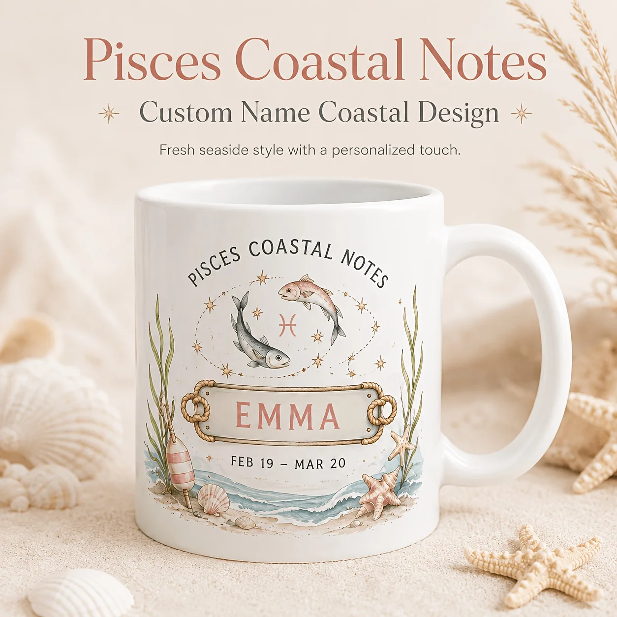 Personalized Name Pisces Zodiac Coast Notebook Ceramic Coffee Mug 11oz Beach Wave Design 330ml Gift for Women Beach Lover Coasta