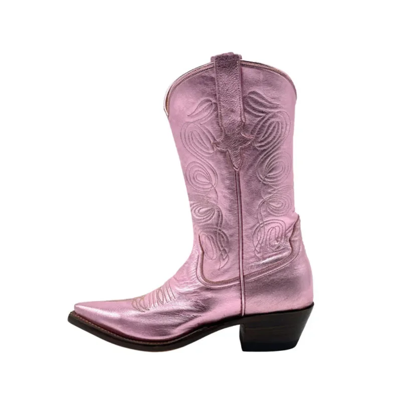 Metallic Leather Slip-On Rider Boots Pink Embroidered Calf Botas Femininas Solid Color Pointed Toe Chunky Heel Short Botines