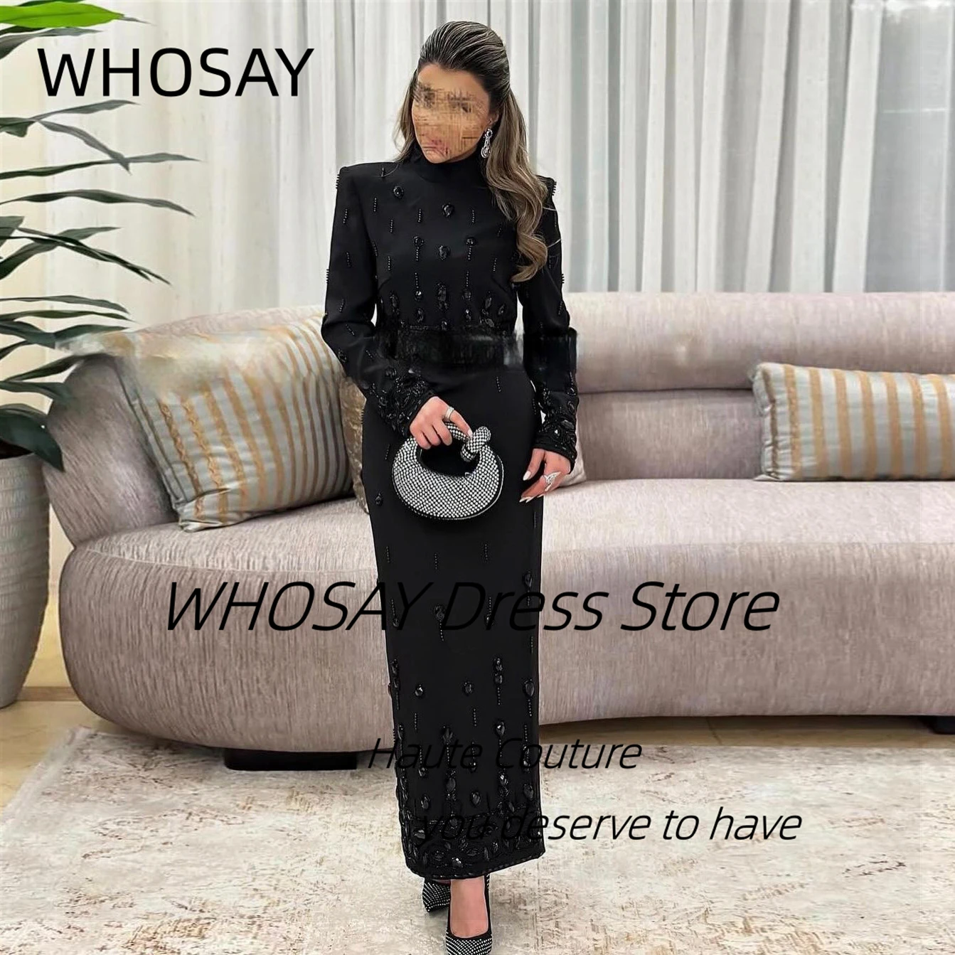 WHOSAY Two Pieces Black Prom Dresses Handmade Beading Luxury Ankle Length Evening Gowns Zipper Back Vestidos Des Fiesta