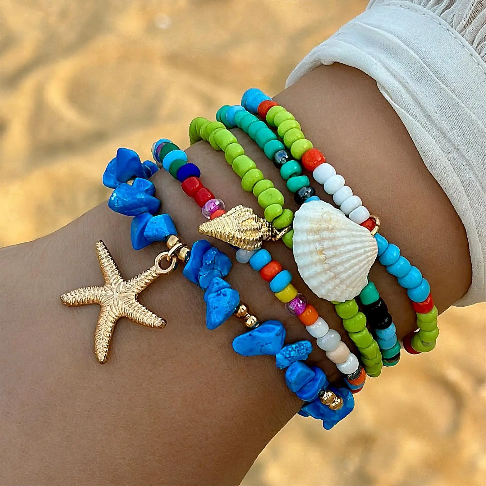 KMVEXO Bohemian Colorful Stone Beaded Shell Starfish Bracelets For Women Girls Beads Bracelet Summer Jewelry Pulseira Feminina