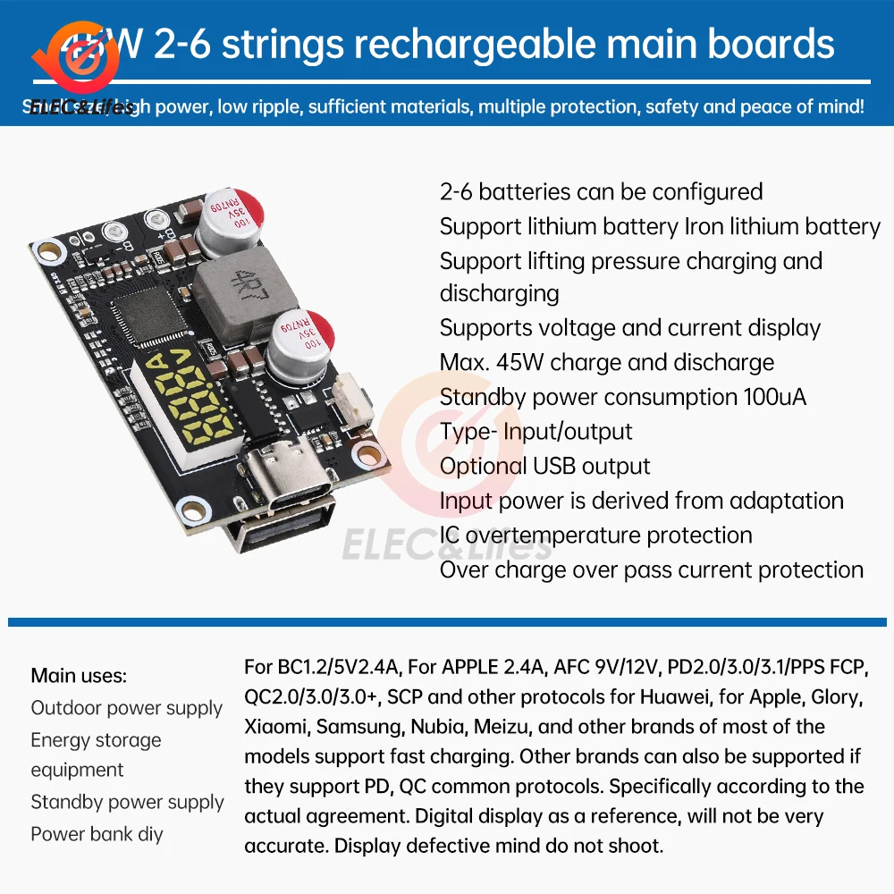 Pd/qc tipo-c usb 45w display led módulo adaptador de carregamento rápido 2-6s bms bateria de lítio módulo de carga rápida boost buck conversor