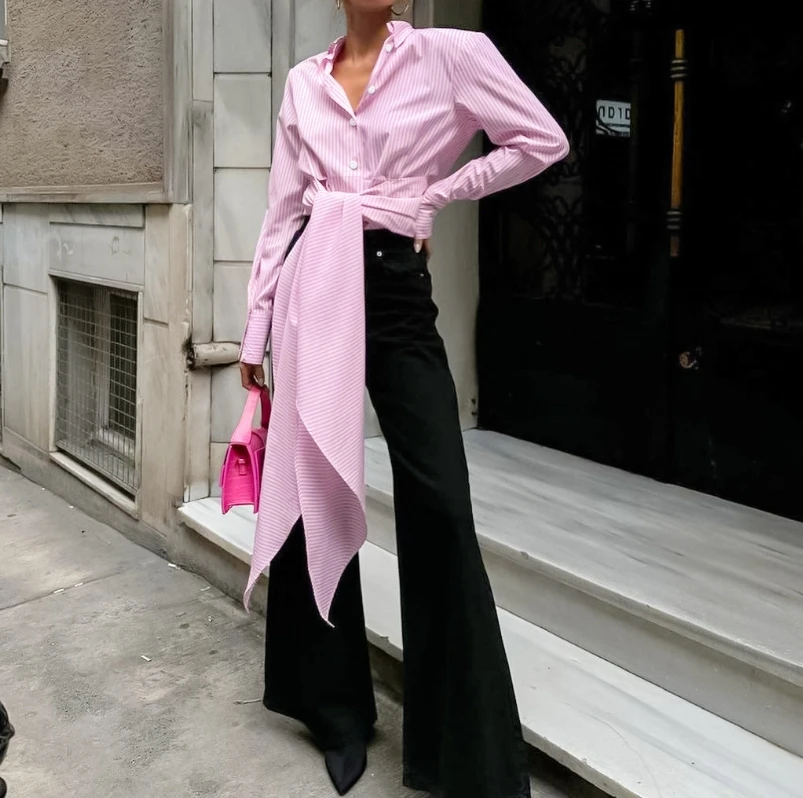 

Fashion Vintage Shirt for Women Pink Striped Lace-Up Tops Chic Elegant Blue Long Sleeve Shirts Casual 2024 Party Blouses Female